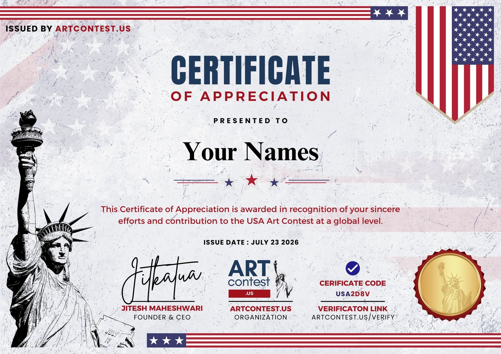 USA ART CERTIFICATE